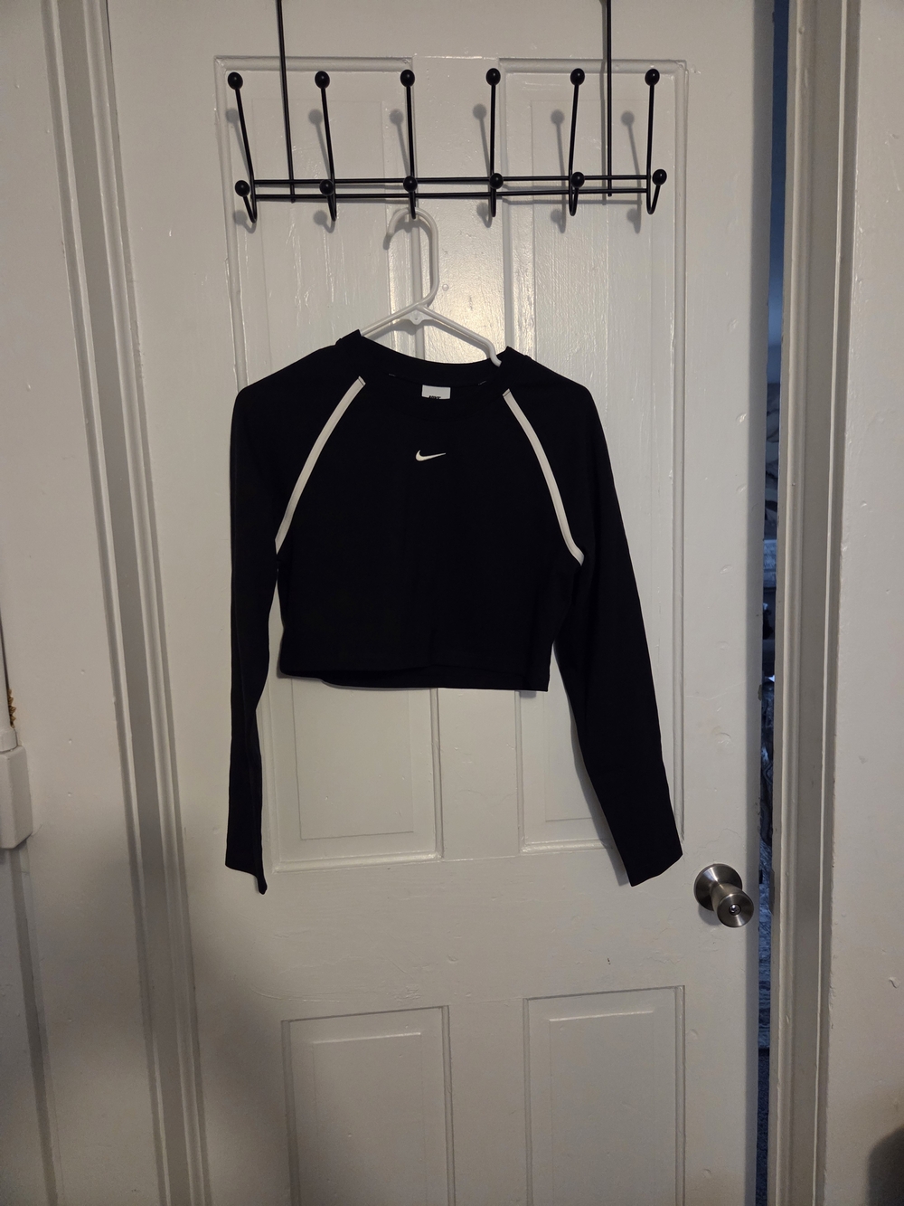 Nike Black Cropped Long-Sleeve Athletic Top with White Trim